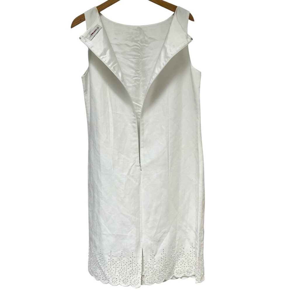Vtg White Linen Dress Eyelet Sheath Scalloped‎ Edge Minimalist Quiet Luxury 90's